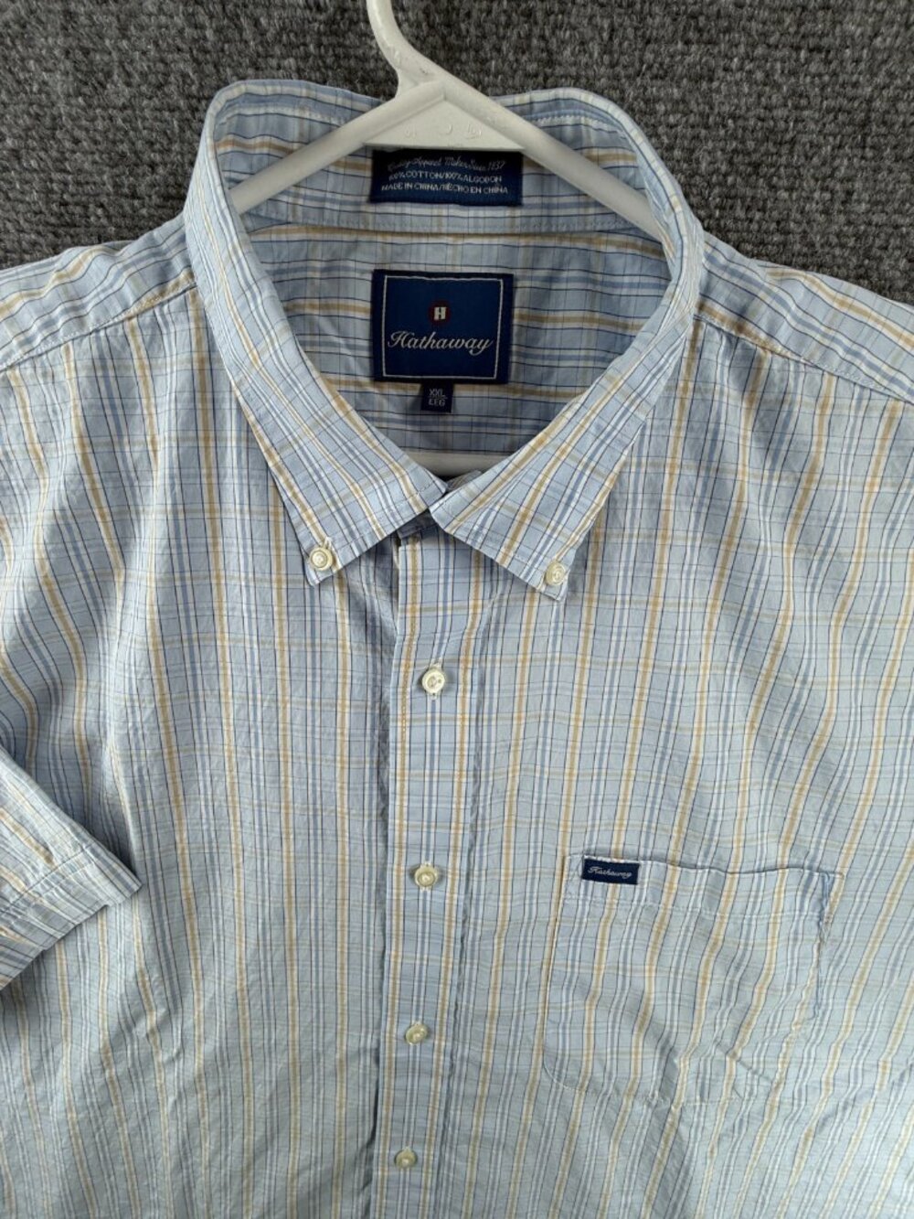 Hathaway 2XL Blue Yellow Plaid Button Down Shirt Men Short Sleeve Cotton Woven